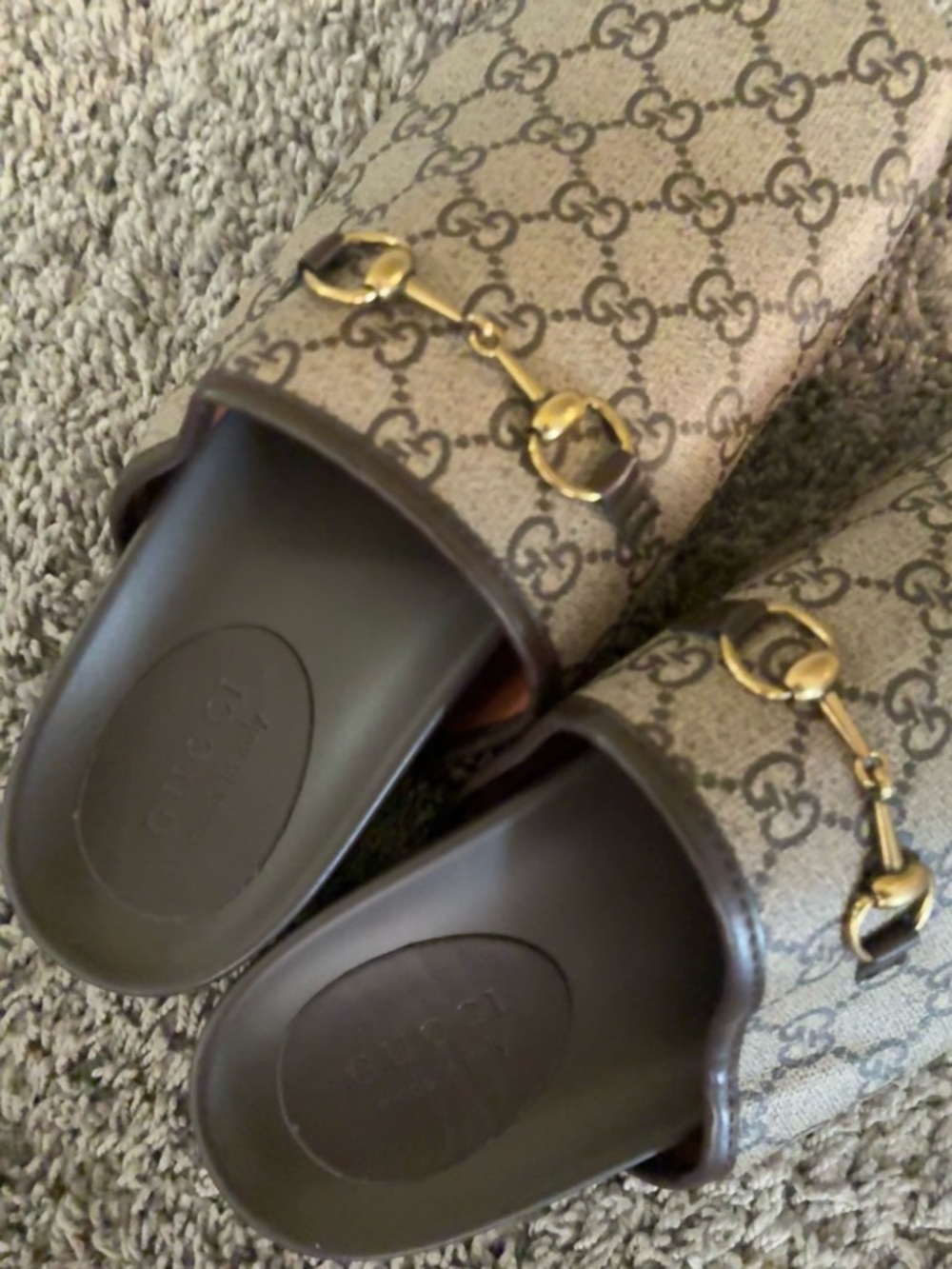 Gucci Beige/Brown GG Canvas Horsebit Slides